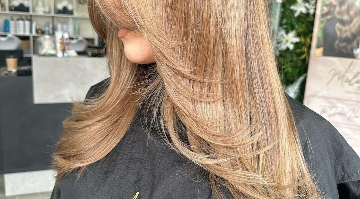 Smooth brunette hairstyle at Malayage, Nottingham, England, GB, showcasing expert salon styling.