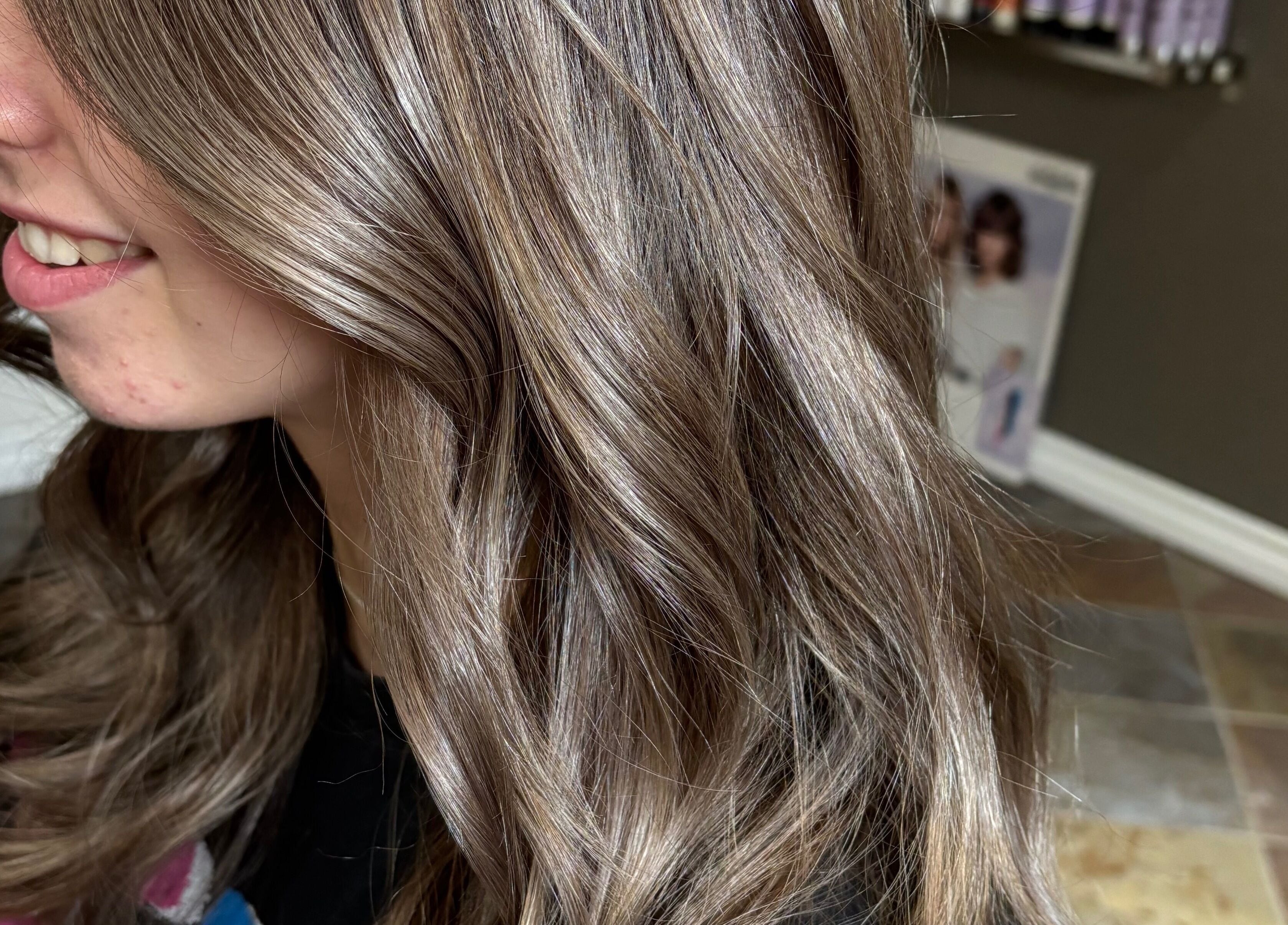 Close-up of wavy, highlighted hair at Narimane Kanaan, Ottawa, Ontario, CA.