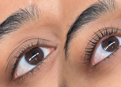 Close-up of styled eyebrows and lashes at Adore Beauty And Wellness, Hawthorne, Queensland, AU.