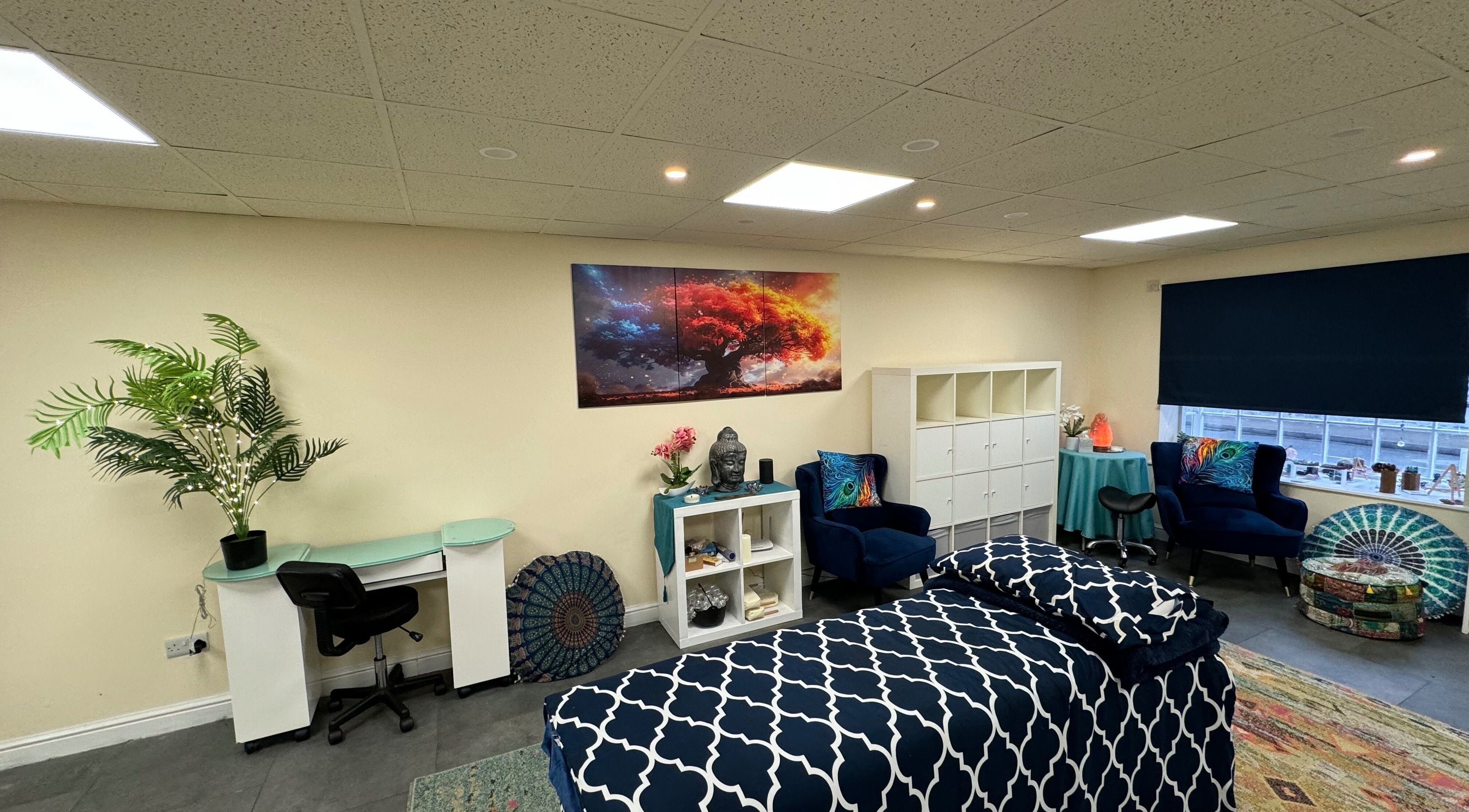 Relaxing treatment room at Cerys Anne Advanced Beauty at sacred life in Bidford on avon, England, GB.
