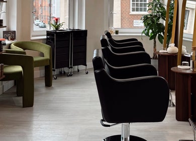 Stylish interior of Megy’s Hair Studio in London, England, GB, featuring modern chairs and lush plants.