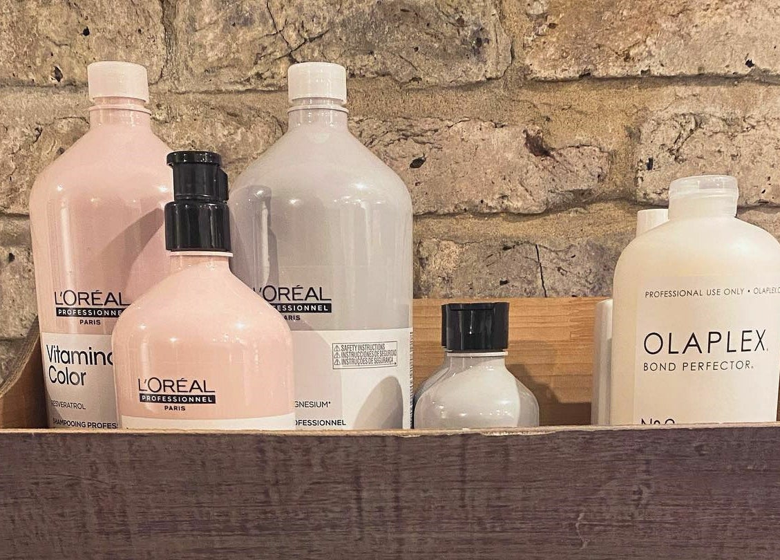 Professional hair products on display at Aimee-Blu, London, England, GB.