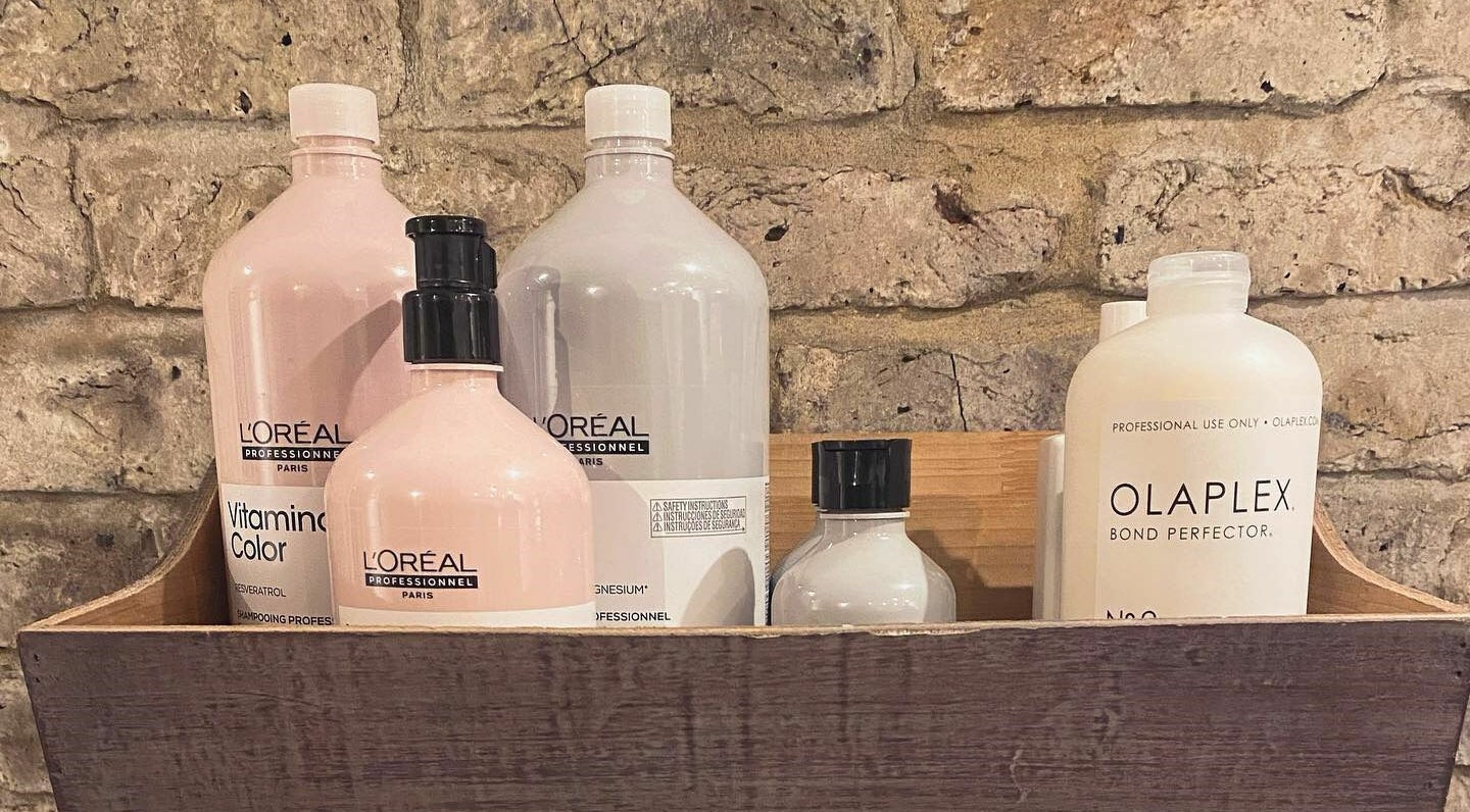 Professional hair products on display at Aimee-Blu, London, England, GB.