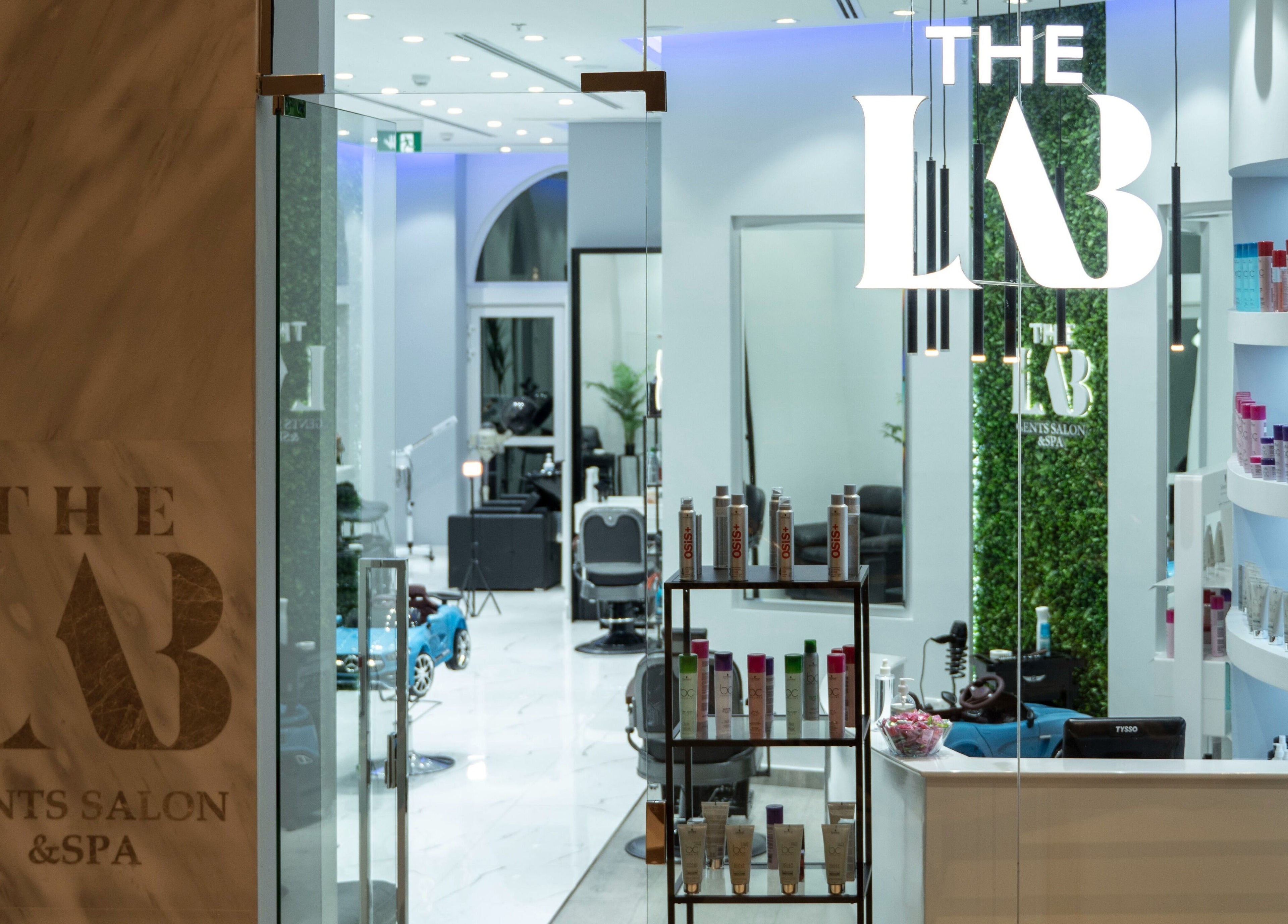Chic interior of The Lab Gent's Salon & Spa at Arabian Ranches 2, Dubai, AE.