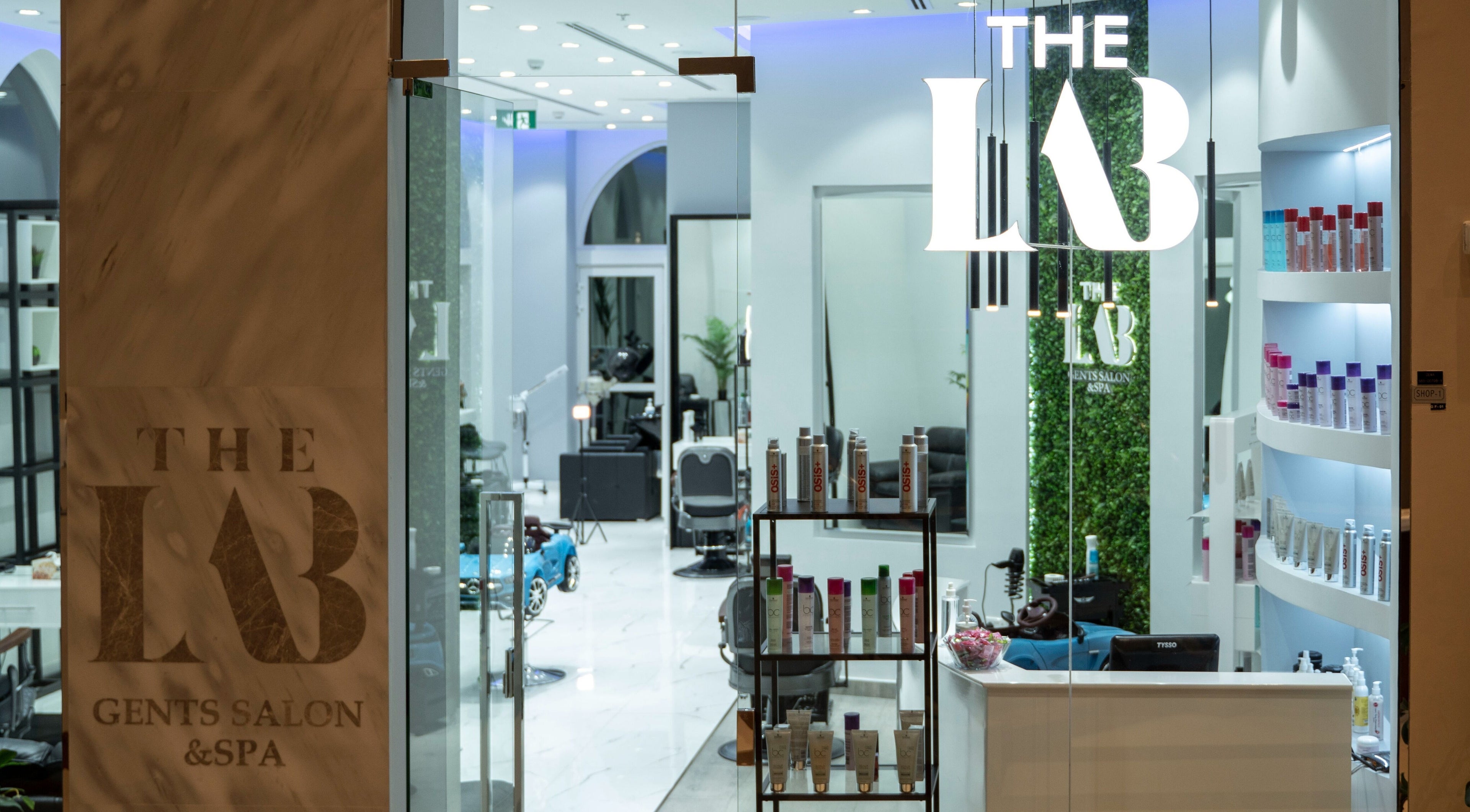 Chic interior of The Lab Gent's Salon & Spa at Arabian Ranches 2, Dubai, AE.