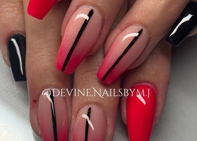Elegant nail art with red, black, and pink ombre at Devine Nails by M J in Pretoria, Gauteng, ZA.
