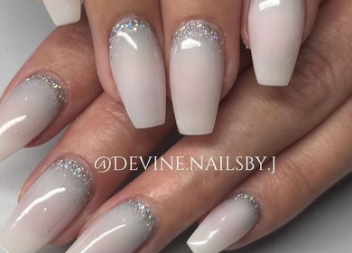 Elegant ombre nails with glitter tips at Devine Nails by M J, Pretoria, Gauteng, ZA.