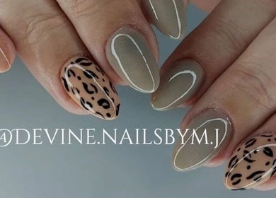 Leopard print and neutral nails from Devine Nails by M J in Pretoria, Gauteng, ZA.