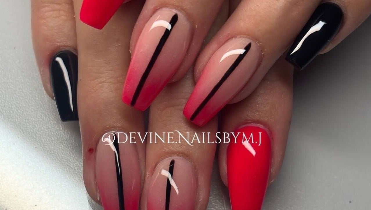 Chic nail art with red and black polish at Devine Nails by M J, Pretoria, Gauteng, ZA.