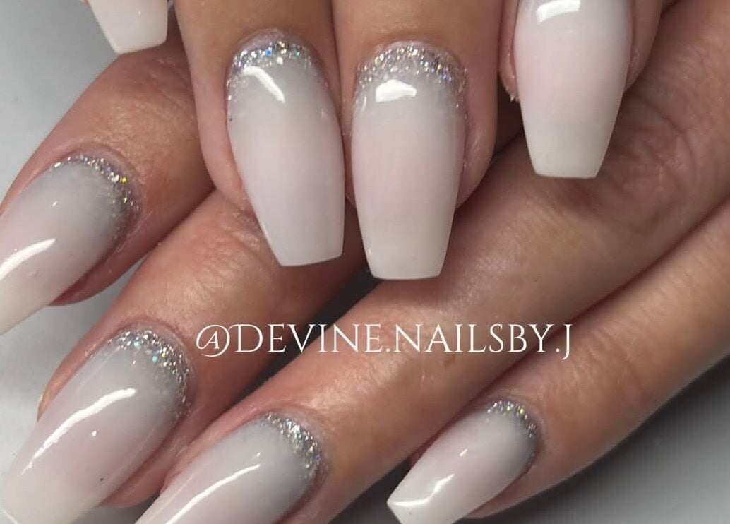 Elegant nail design with glitter tips at Devine Nails by M J, Pretoria, Gauteng, ZA.