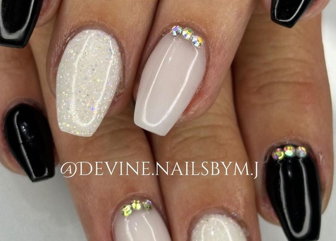 Elegant nail art with glitter and gemstones at Devine Nails by M J, Pretoria, Gauteng, ZA.