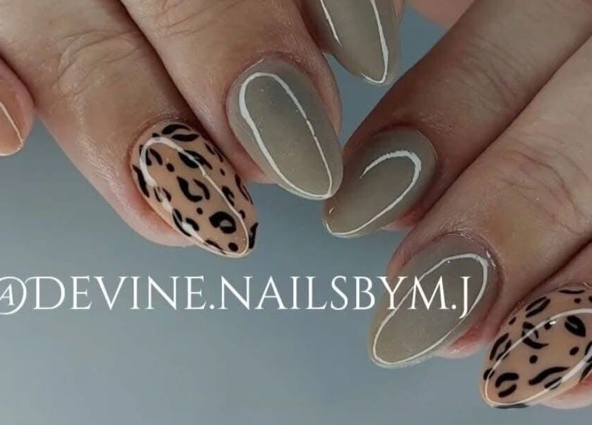 Elegant leopard print and nude nail art by Devine Nails by M J, Pretoria, Gauteng, ZA.