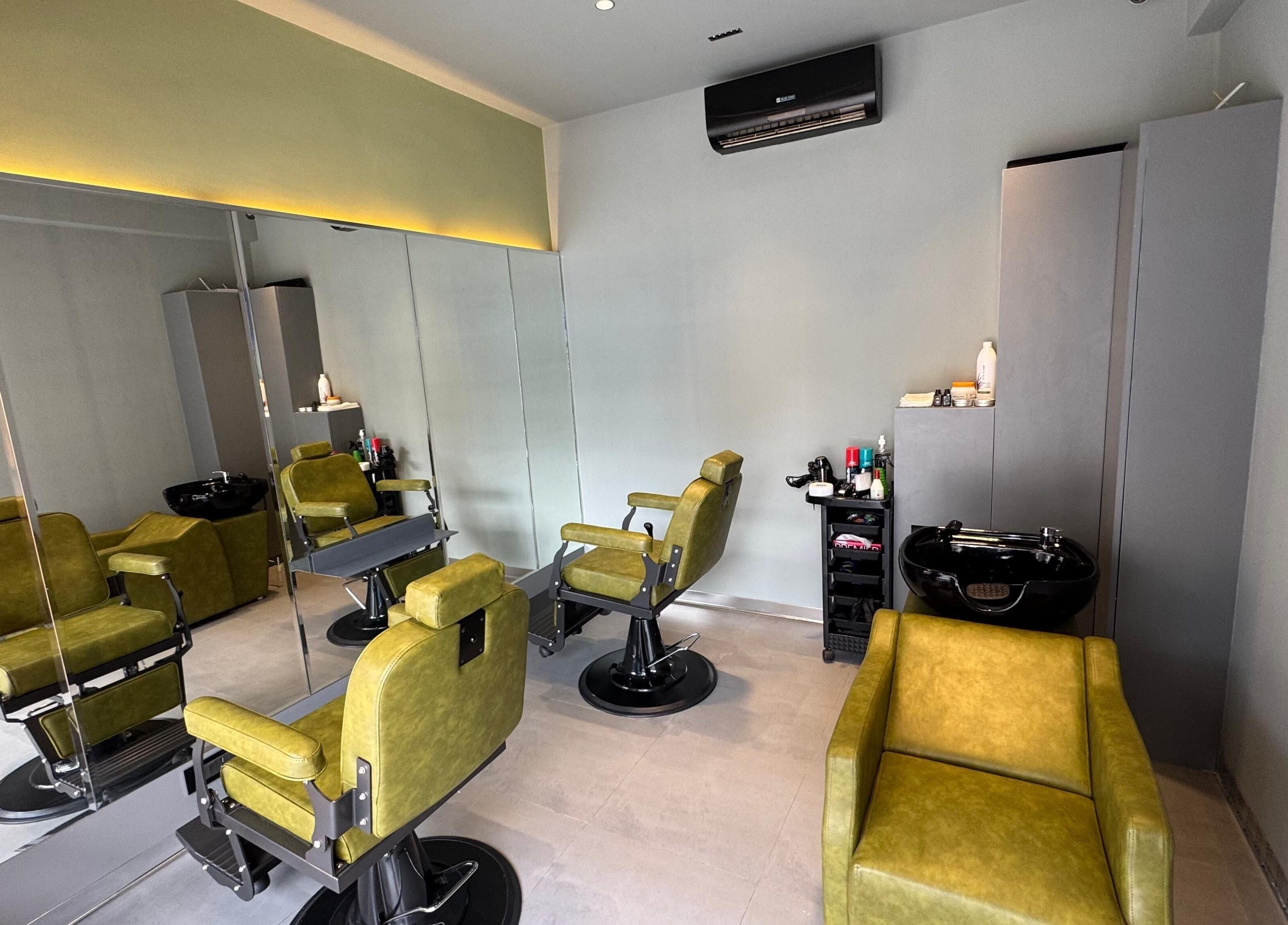 Modern barber chairs at BarberCo - Frazer Town, Bangalore, Karnataka, IN, highlight sleek interior design.