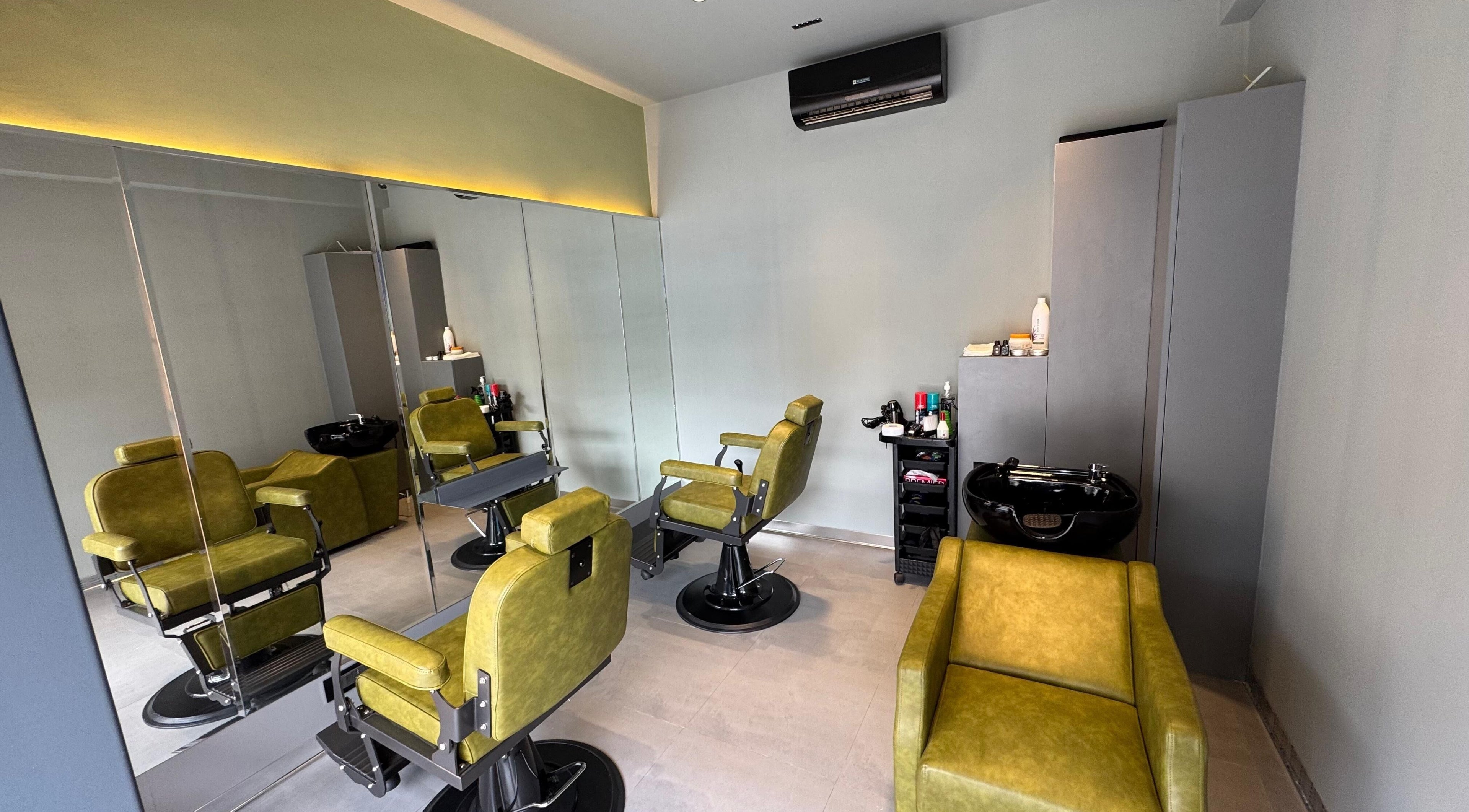 Modern barber chairs at BarberCo - Frazer Town, Bangalore, Karnataka, IN, highlight sleek interior design.