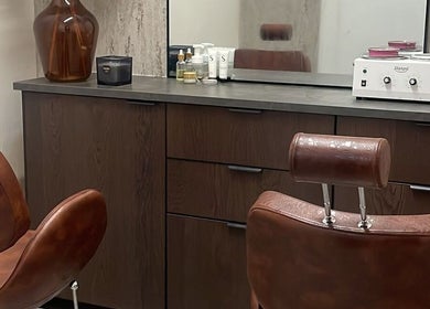 Elegant salon chair and wooden cabinetry at Velvet Hair Design Cork (Brow Lash Co. by Ciara), Cork, County Cork, IE.