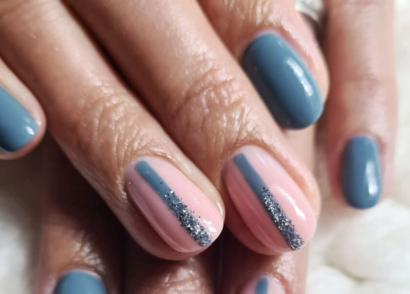 Blue and pink nail art with glitter at Bella Nova Nail Studio, Letsitele, Limpopo, ZA.