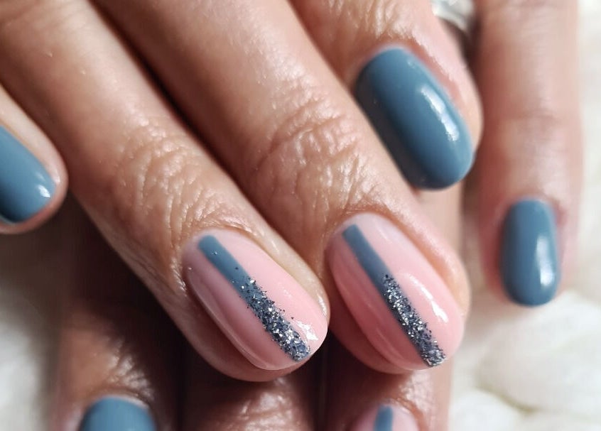 Blue and pink nail art with glitter at Bella Nova Nail Studio, Letsitele, Limpopo, ZA.