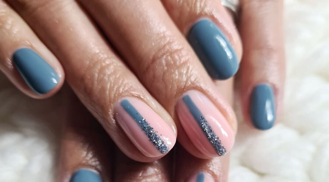 Blue and pink nail art with glitter at Bella Nova Nail Studio, Letsitele, Limpopo, ZA.