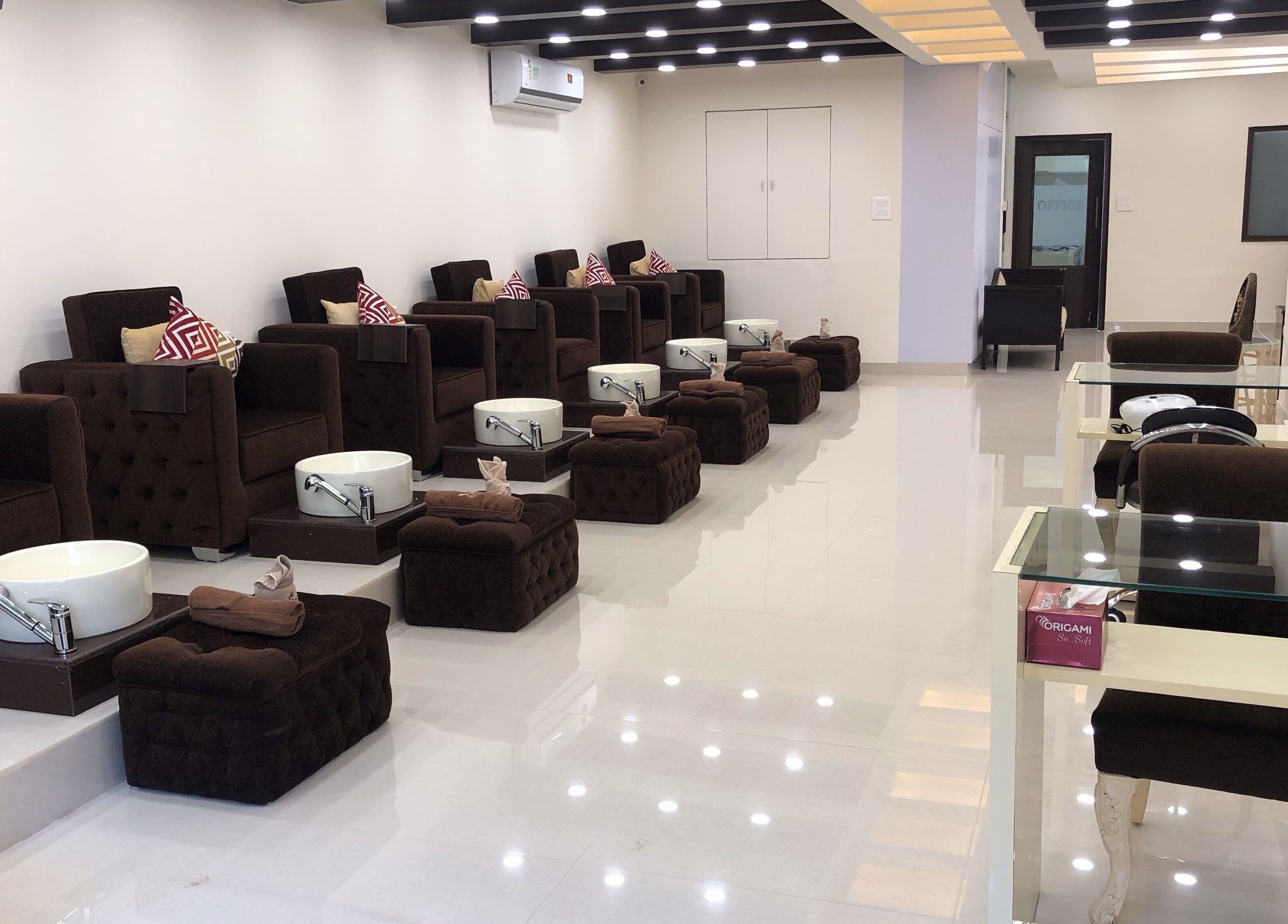 Luxurious pedicure stations at The Mani Pedi Spa, Galleria Market, DLF 4, in Gurugram, Haryana, IN.