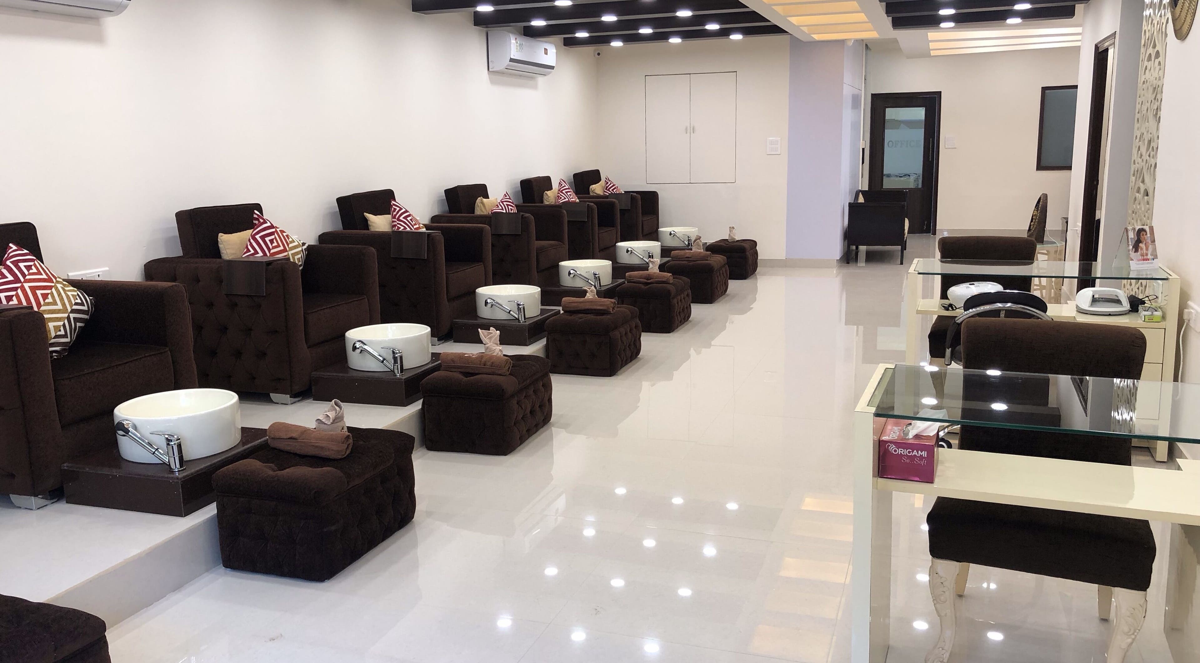 Luxurious pedicure stations at The Mani Pedi Spa, Galleria Market, DLF 4, in Gurugram, Haryana, IN.