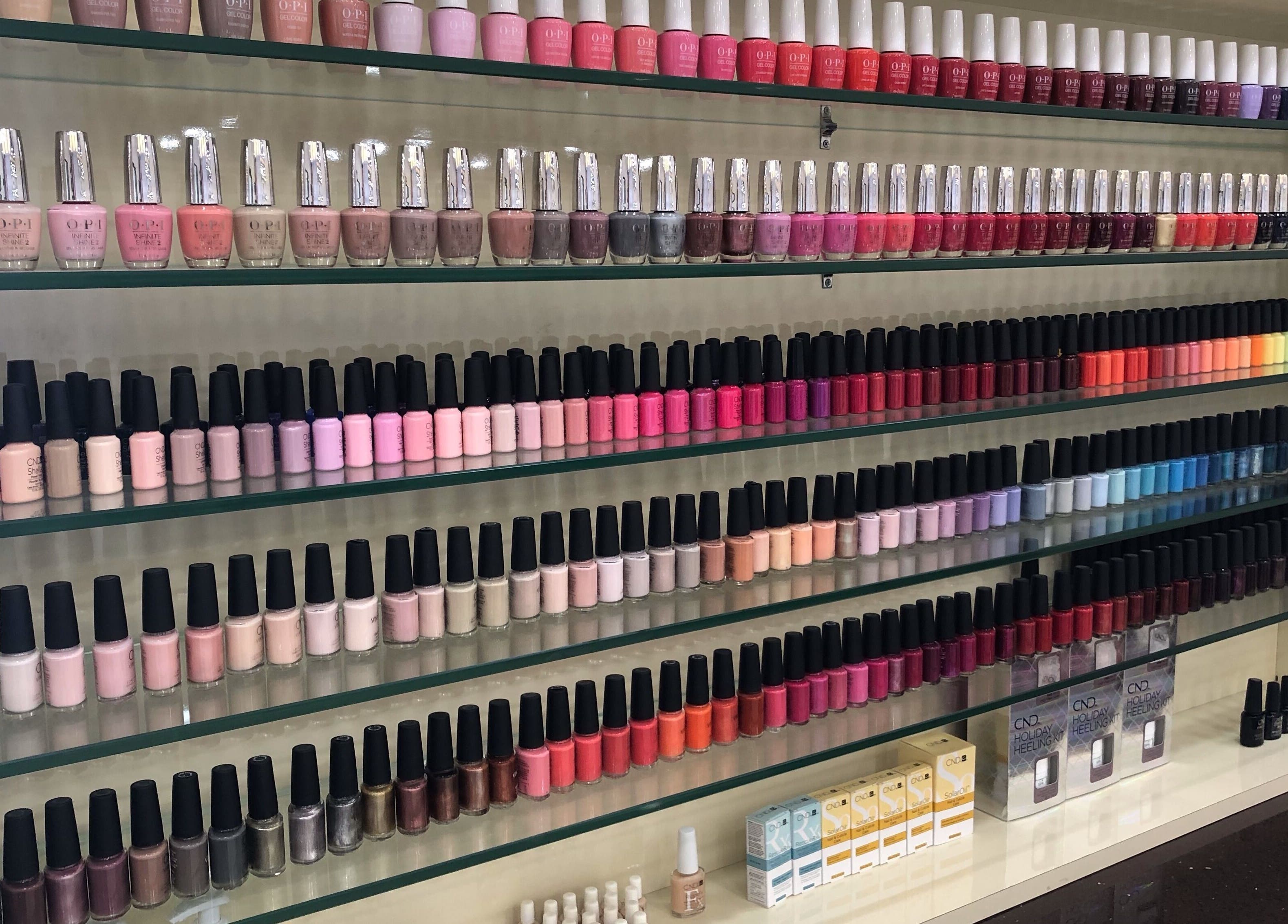 Extensive nail polish collection at The Mani Pedi Spa, Galleria Market, DLF 4, Gurugram, Haryana, IN.