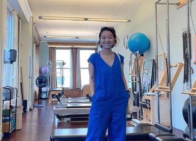 Interior view of Tomoko Pilates NYC, featuring Pilates equipment, New York, New York, US.