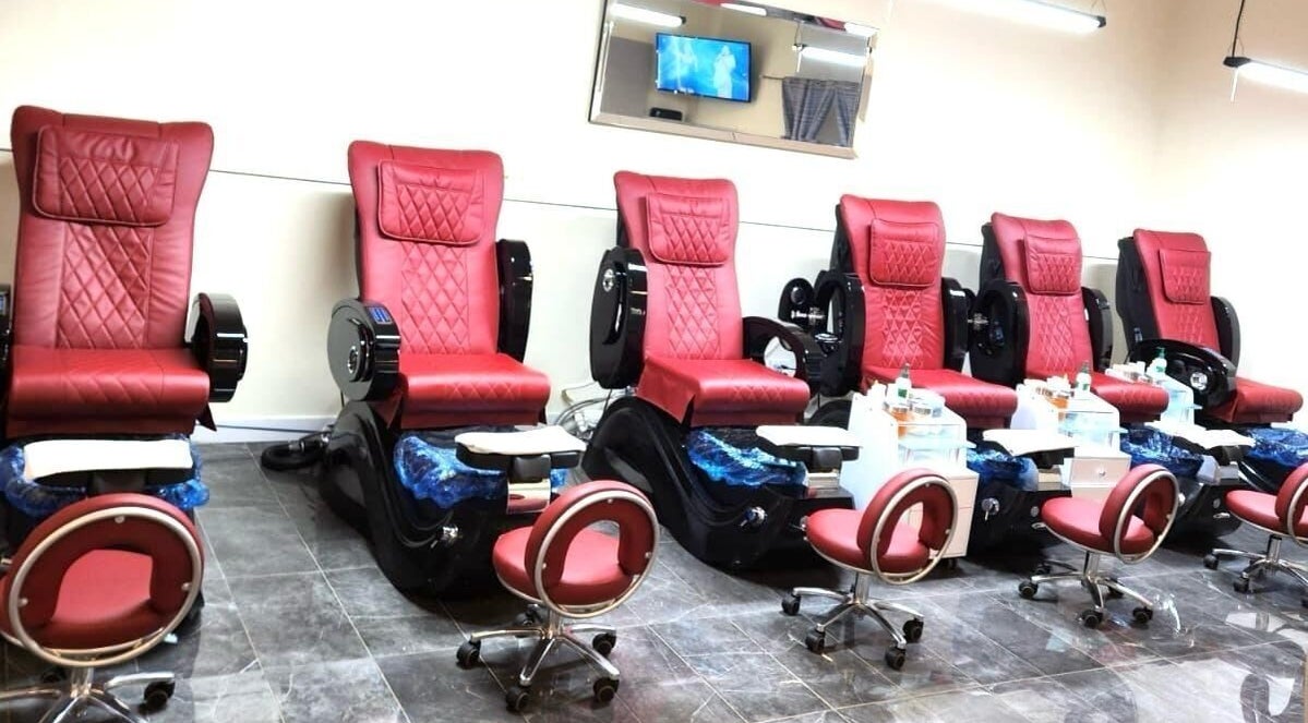 Luxurious pedicure chairs at Solitude Nails Salon in Saskatoon, Saskatchewan, CA enhancing relaxation.