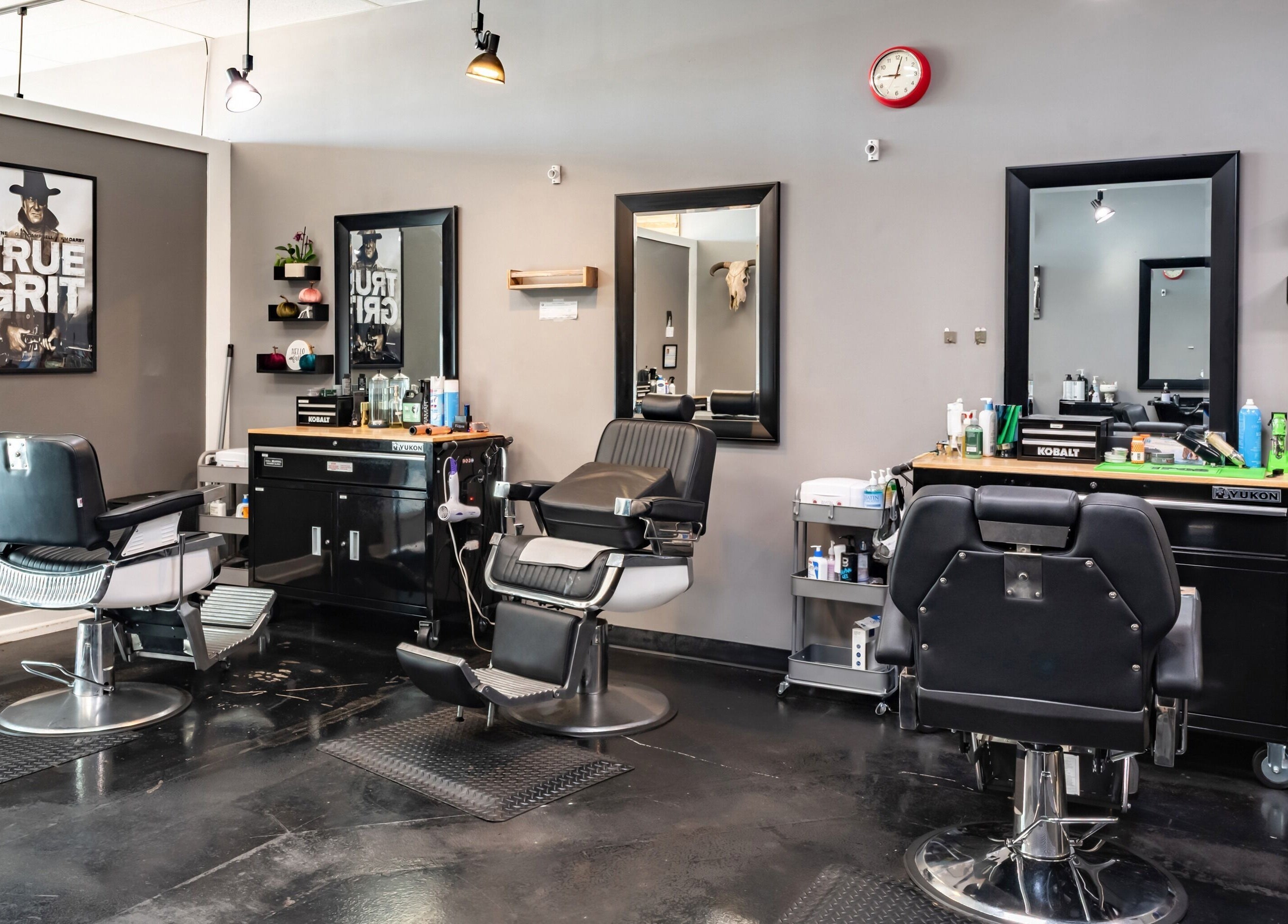 Elegant barber chairs at Grit Salon & Barbering in Pasco, Washington, US, offering a modern grooming experience.