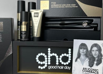 GHD hair products at Salon No.6 Hair And Beauty, Norwich, England, GB, featuring styling tools and sprays.