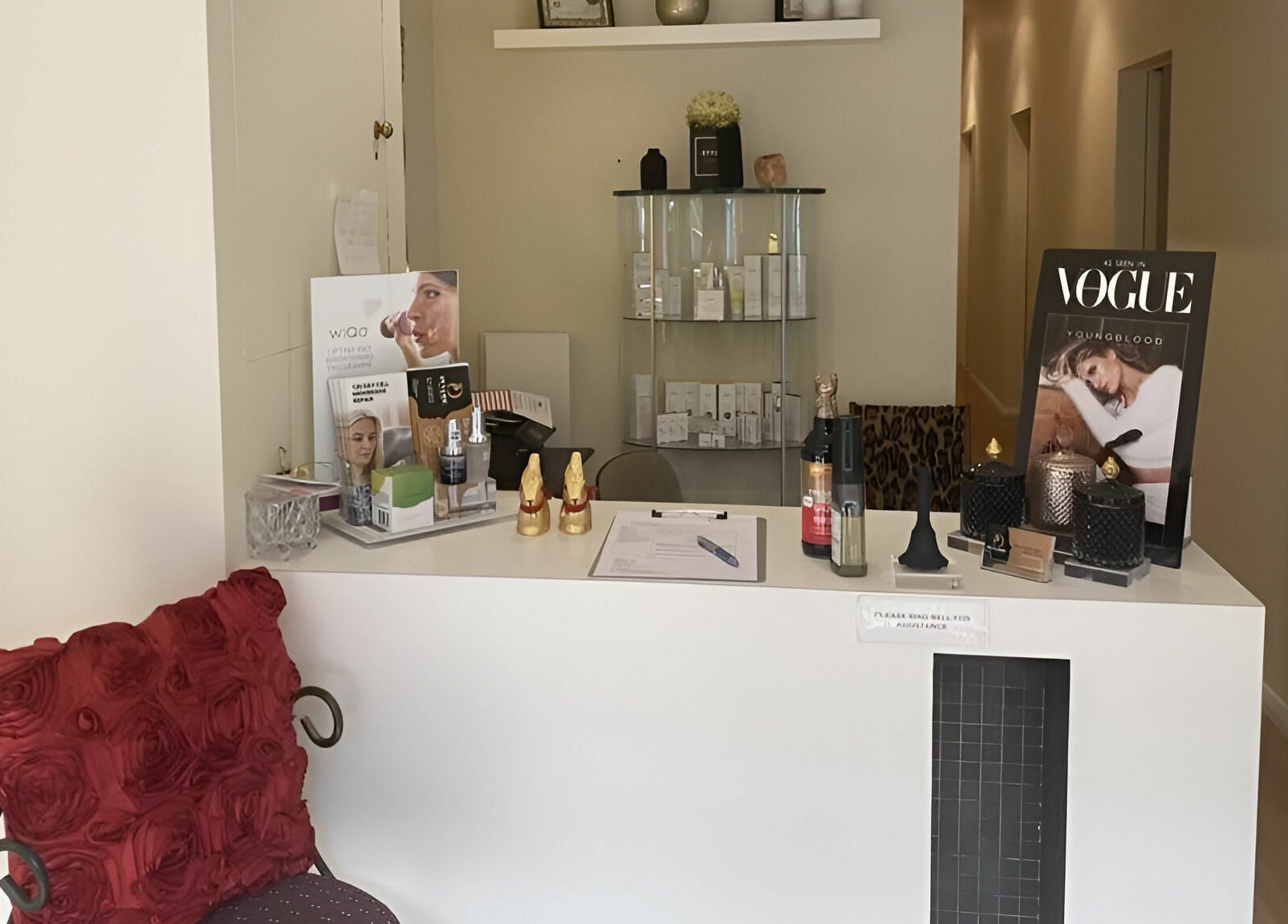 Reception area at Dynamic Skin Services in Crawley, Western Australia, AU showcasing beauty products and decor.