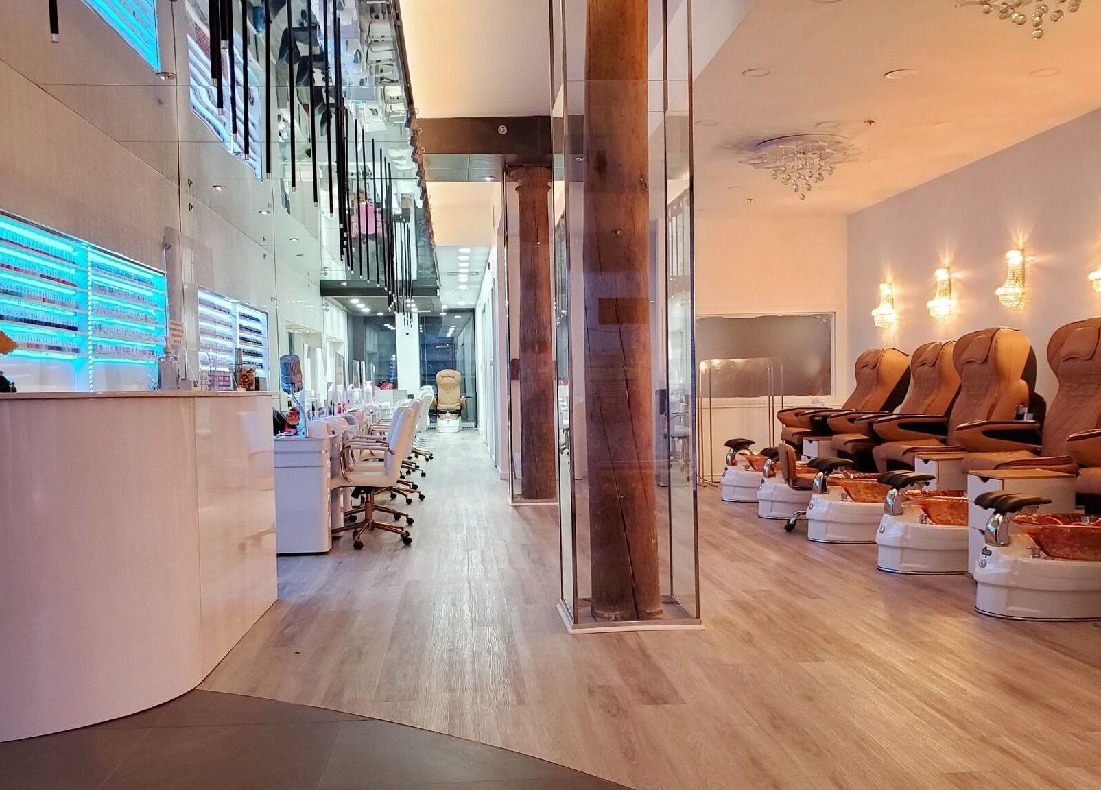 Luxury pedicure chairs and sleek nail stations at Ongles McGill, Montréal, Québec, CA.