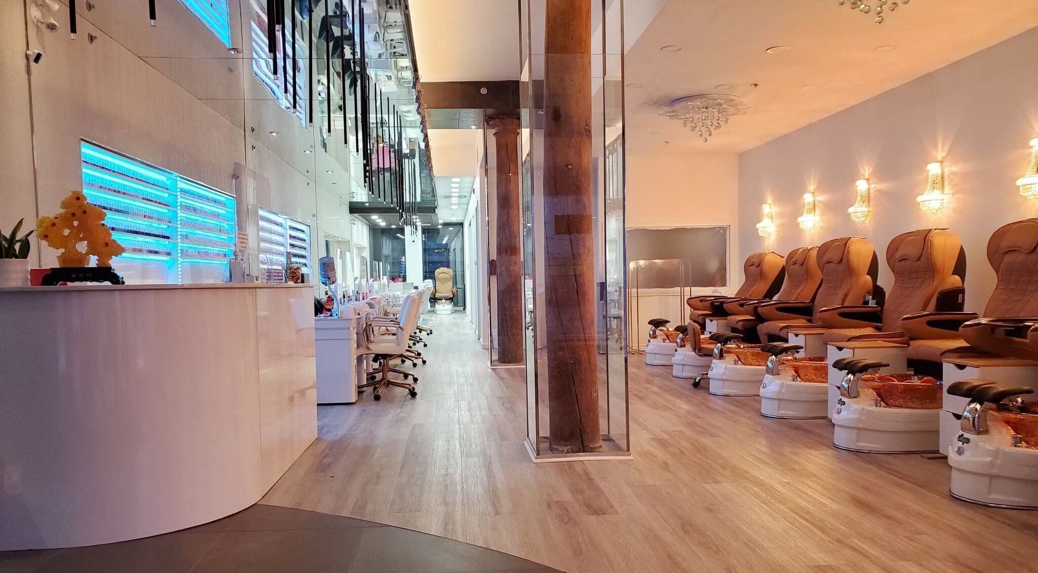 Luxury pedicure chairs and sleek nail stations at Ongles McGill, Montréal, Québec, CA.