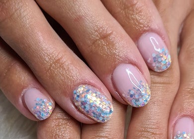 Close-up of glitter manicure at Evermore Aesthetics, Silver Lakes Golf Estate, Gauteng, ZA.
