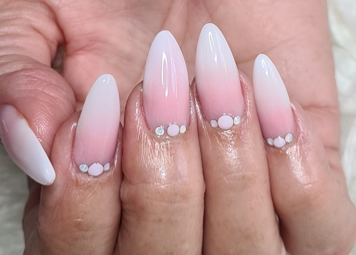 Elegant pink ombre nails with gems at Evermore Aesthetics, Silver Lakes Golf Estate, Gauteng, ZA.