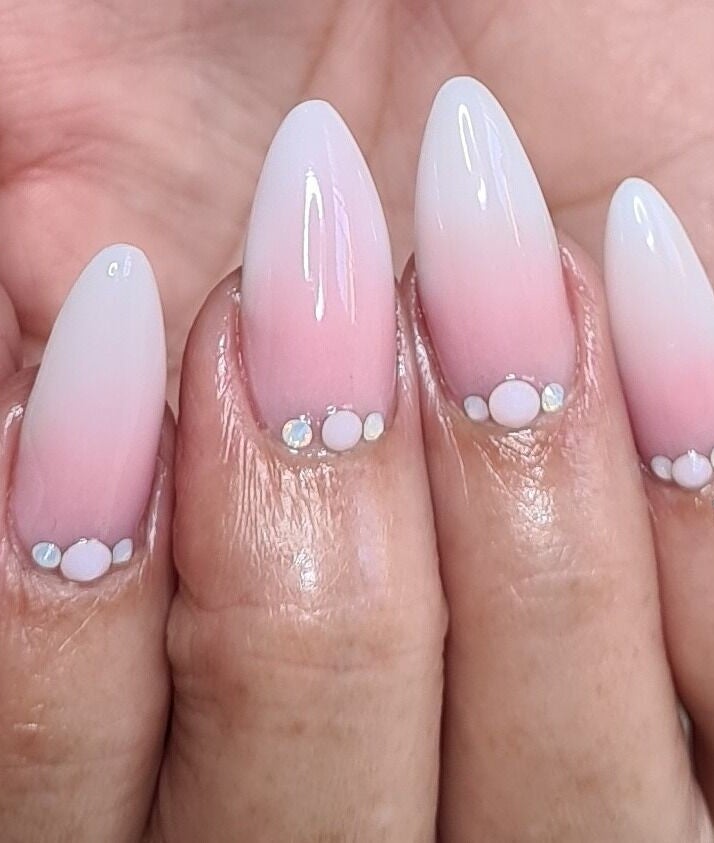Elegant pink ombre nails with gems at Evermore Aesthetics, Silver Lakes Golf Estate, Gauteng, ZA.