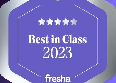 "Best in Class 2023" award held by Hair by Jasmine, Carrick-On-Shannon, Roscommon, IE with five stars displayed.