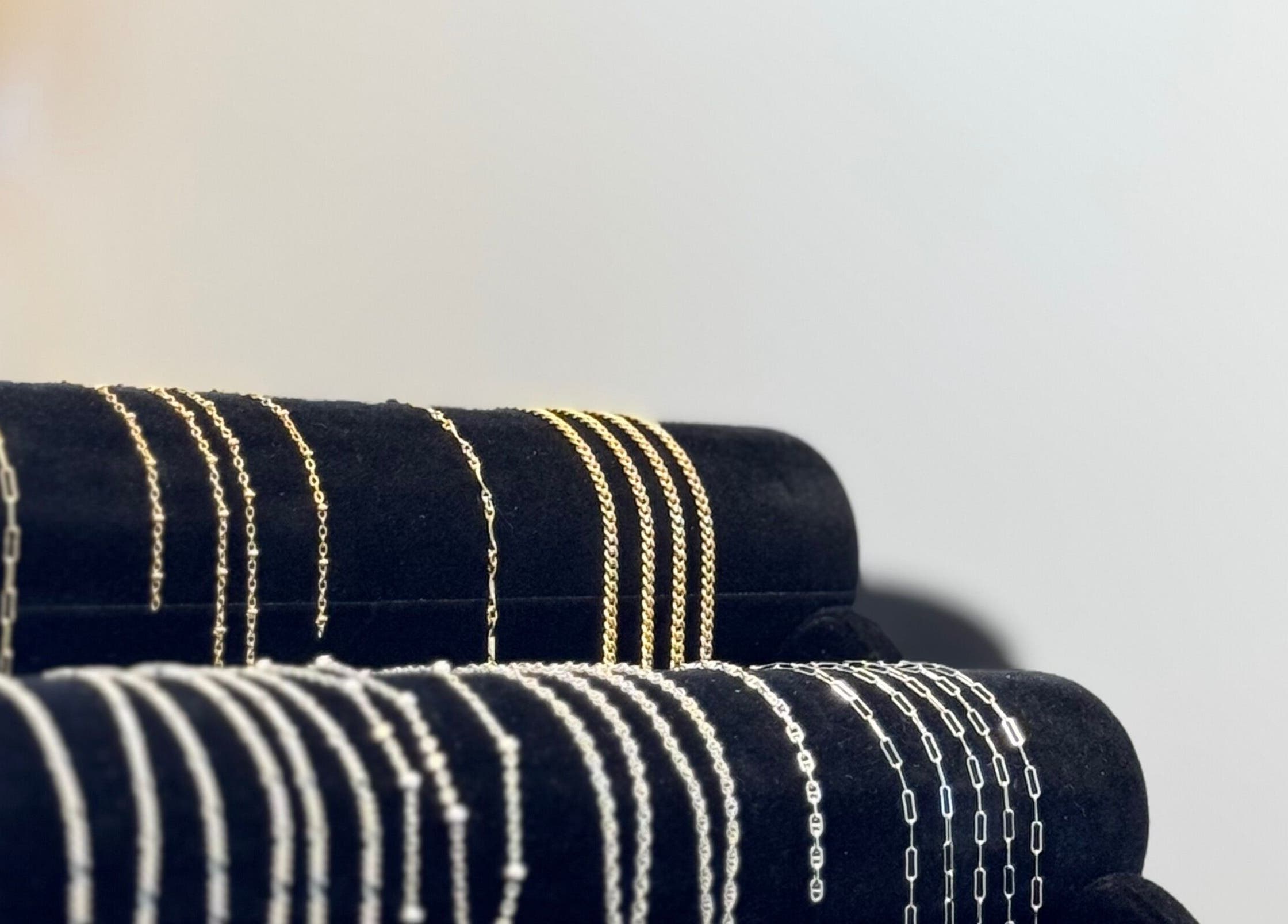 Sophisticated bracelet collection at Whitehead & Booth Salon & Permanent Jewellery, Sheffield, England, GB.