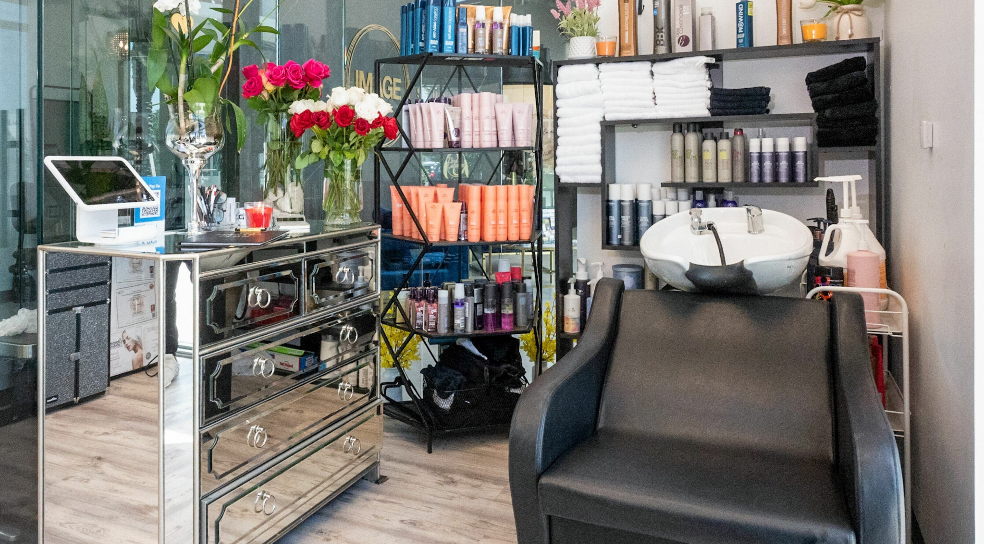 Chic hair styling area at Jennifer The Hairstylist in Delray Beach, Florida, US with luxurious decor.