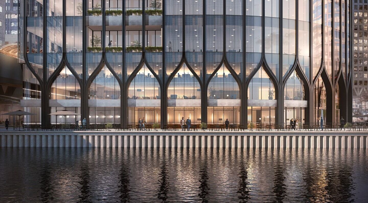 Modern facade of Wild Man Massage - Until Canary Wharf, London, England, GB by the riverside.