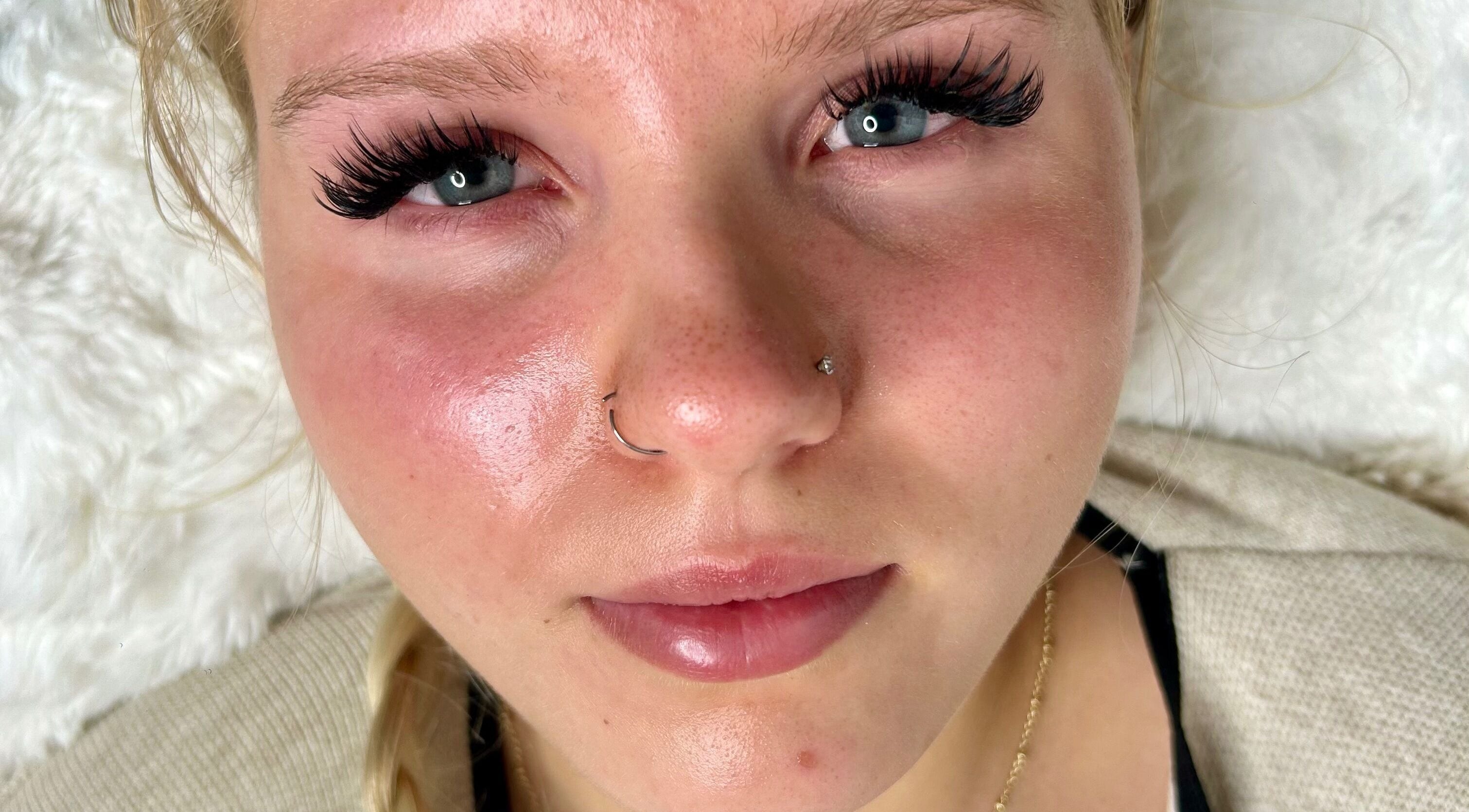 Close-up of a woman's face featuring eyelash extensions at Kayla the Brand, Manchester, England, GB.