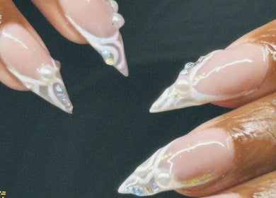 Beautifully decorated nails with pearls at Kayla the Brand, Manchester, England, GB.