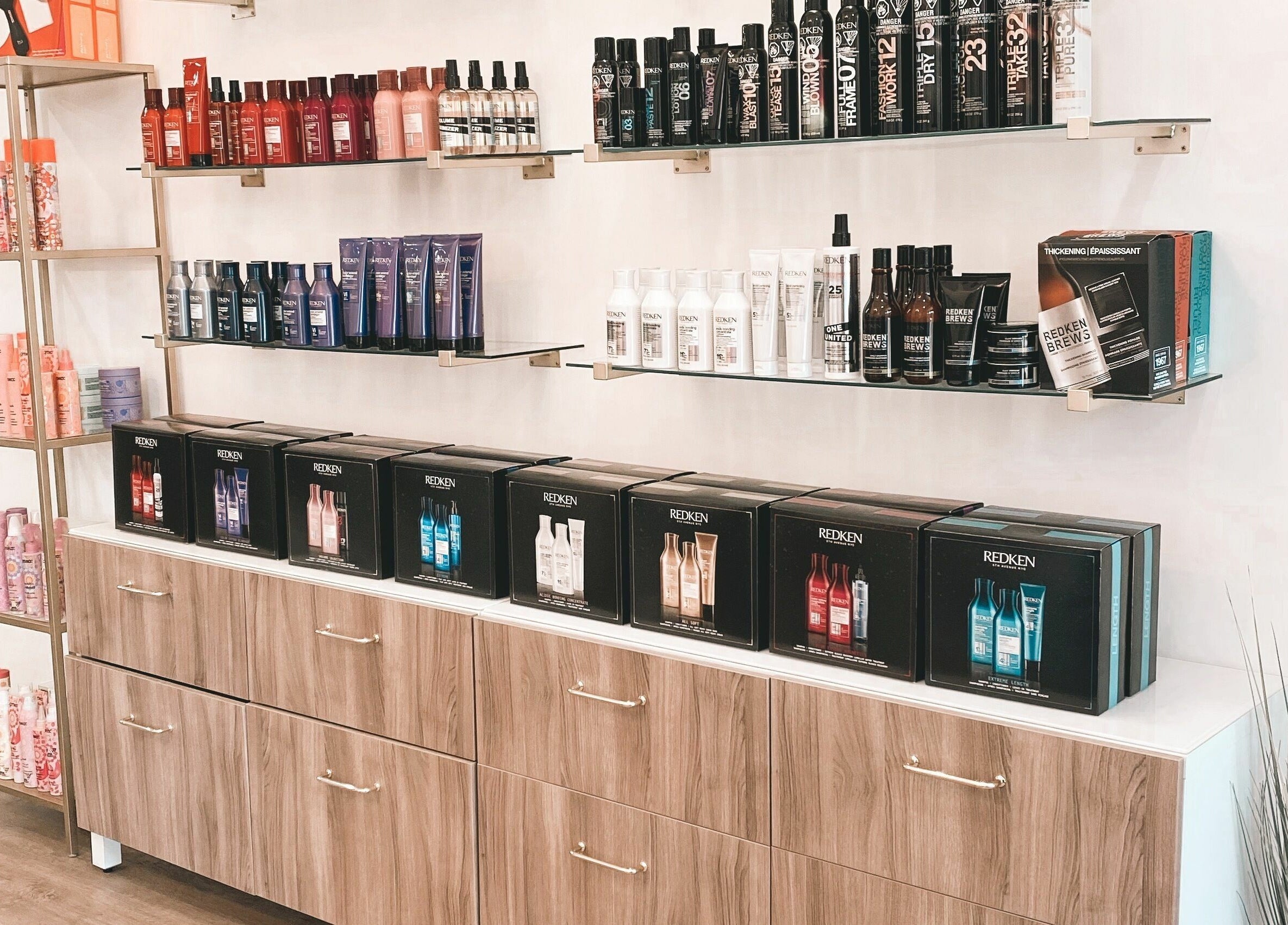 Hair Connection Cambridge in Cambridge, Ontario, CA displays premium hair products elegantly on shelves.
