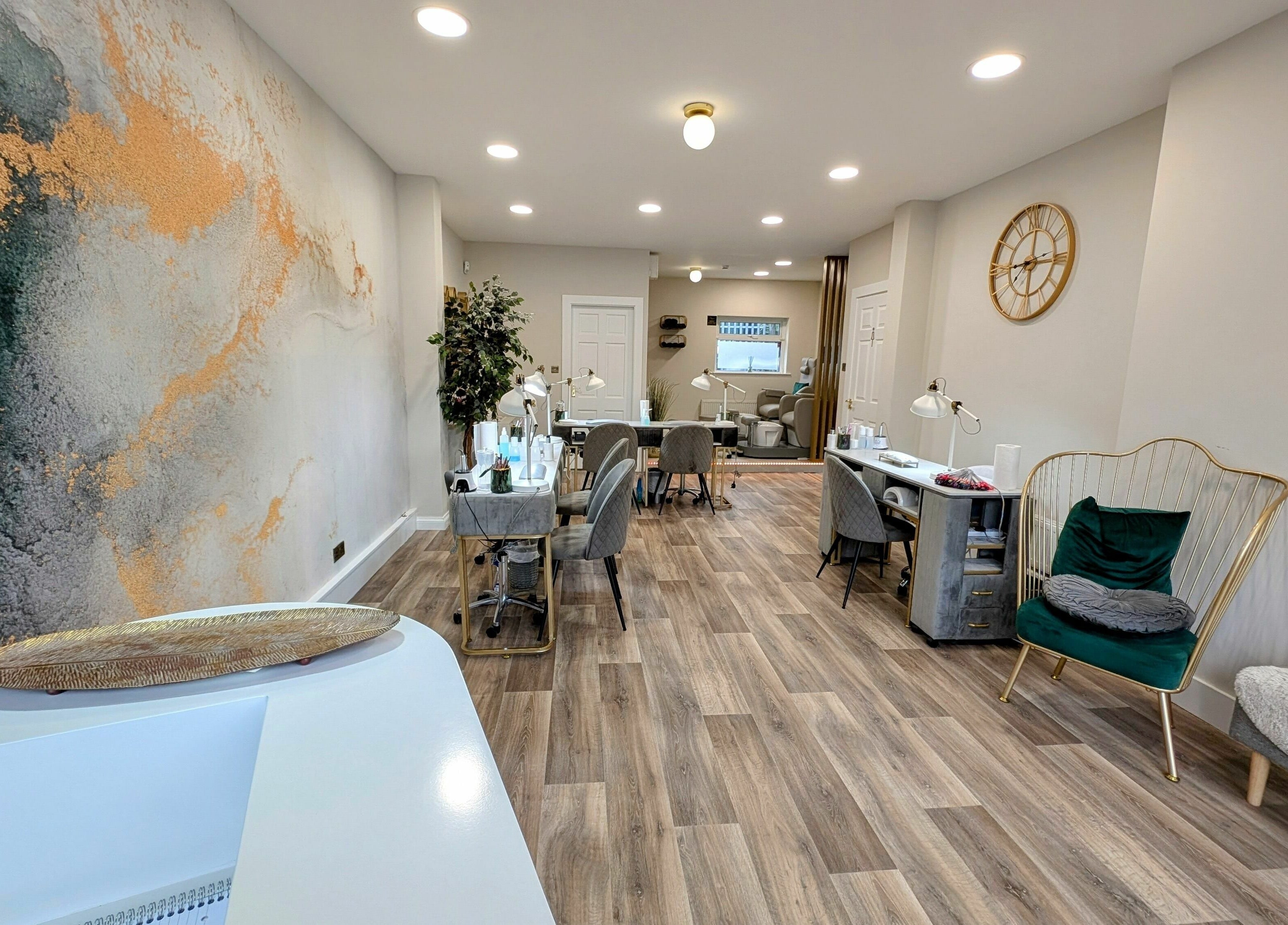 Elegant interior of Mist Nail Bar in Carrigaline, County Cork, IE with modern decor and seating.