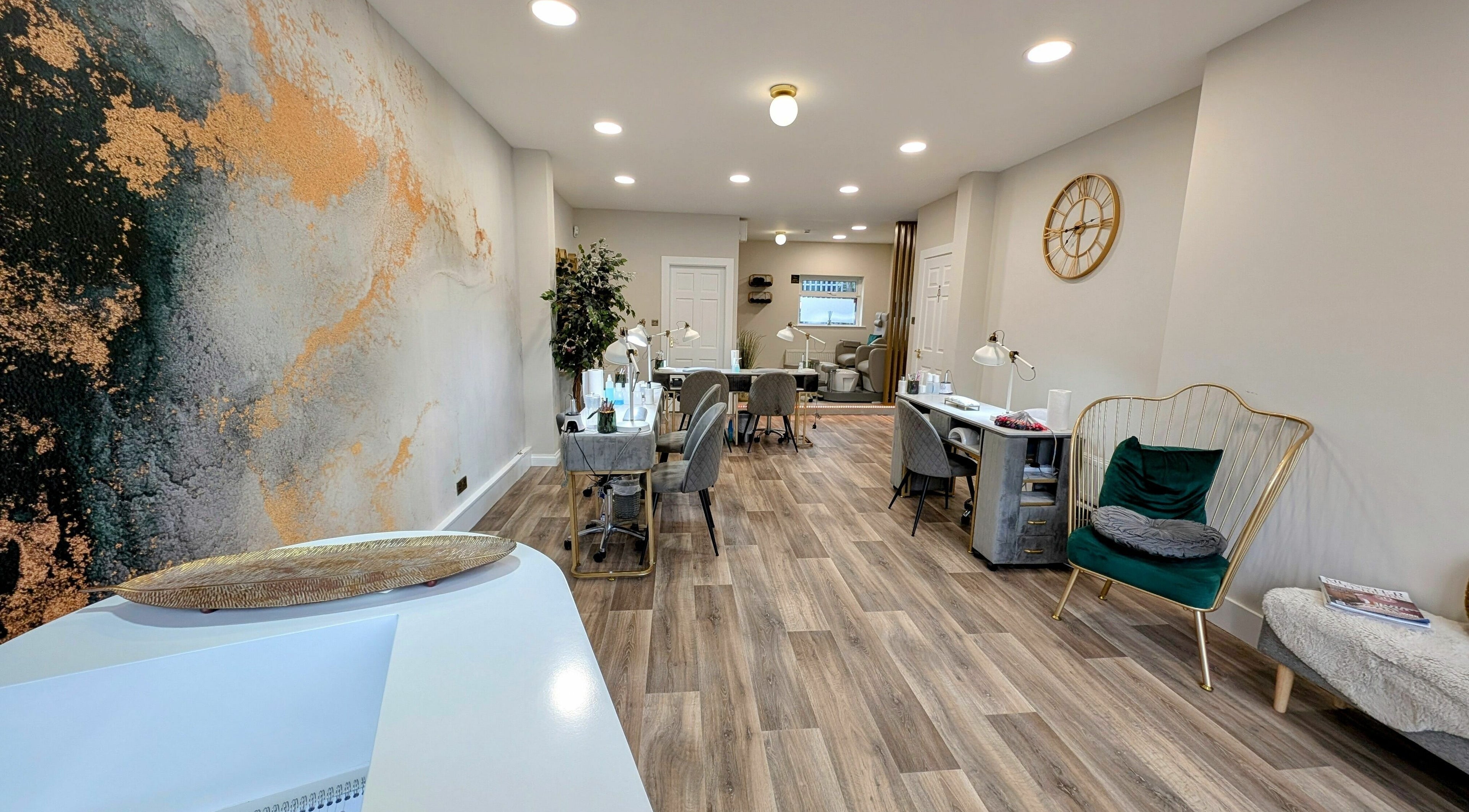 Elegant interior of Mist Nail Bar in Carrigaline, County Cork, IE with modern decor and seating.