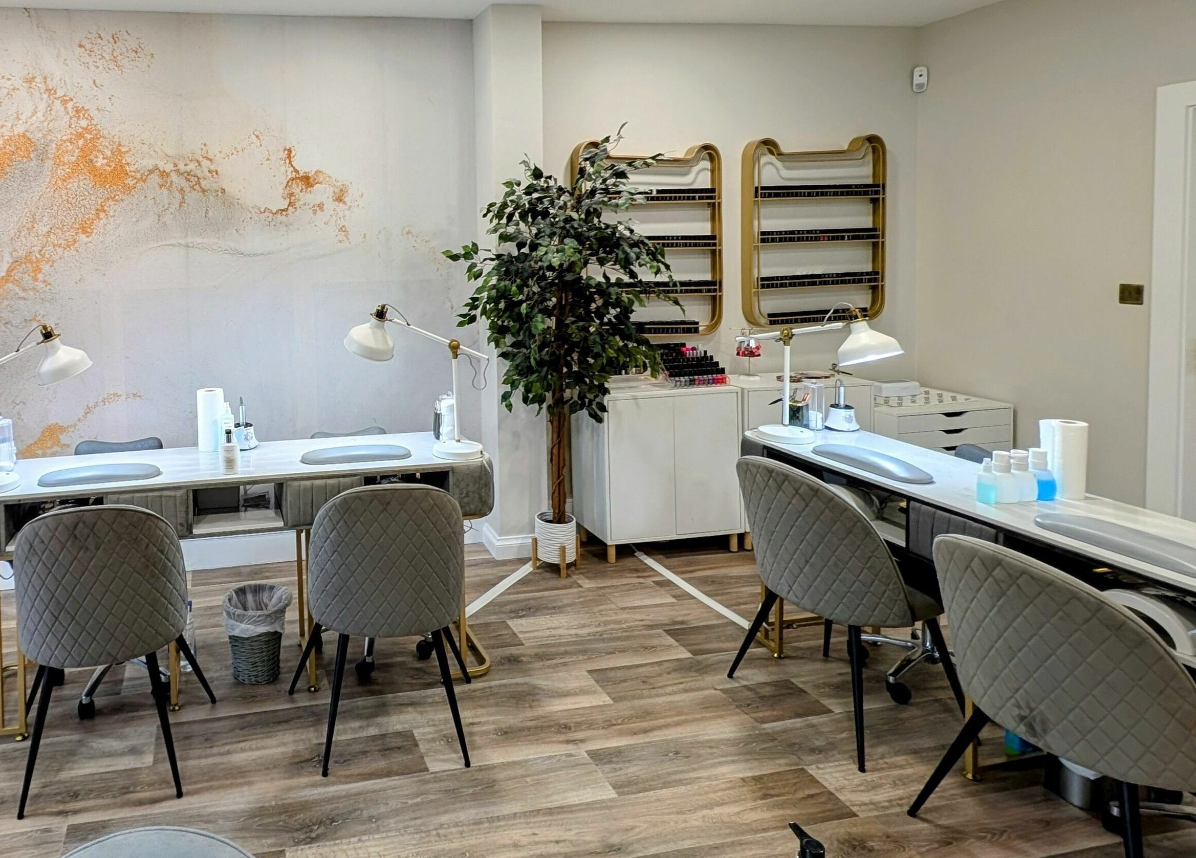 Stylish interior of Mist Nail Bar, Carrigaline, County Cork, IE with elegant decor and manicure stations.