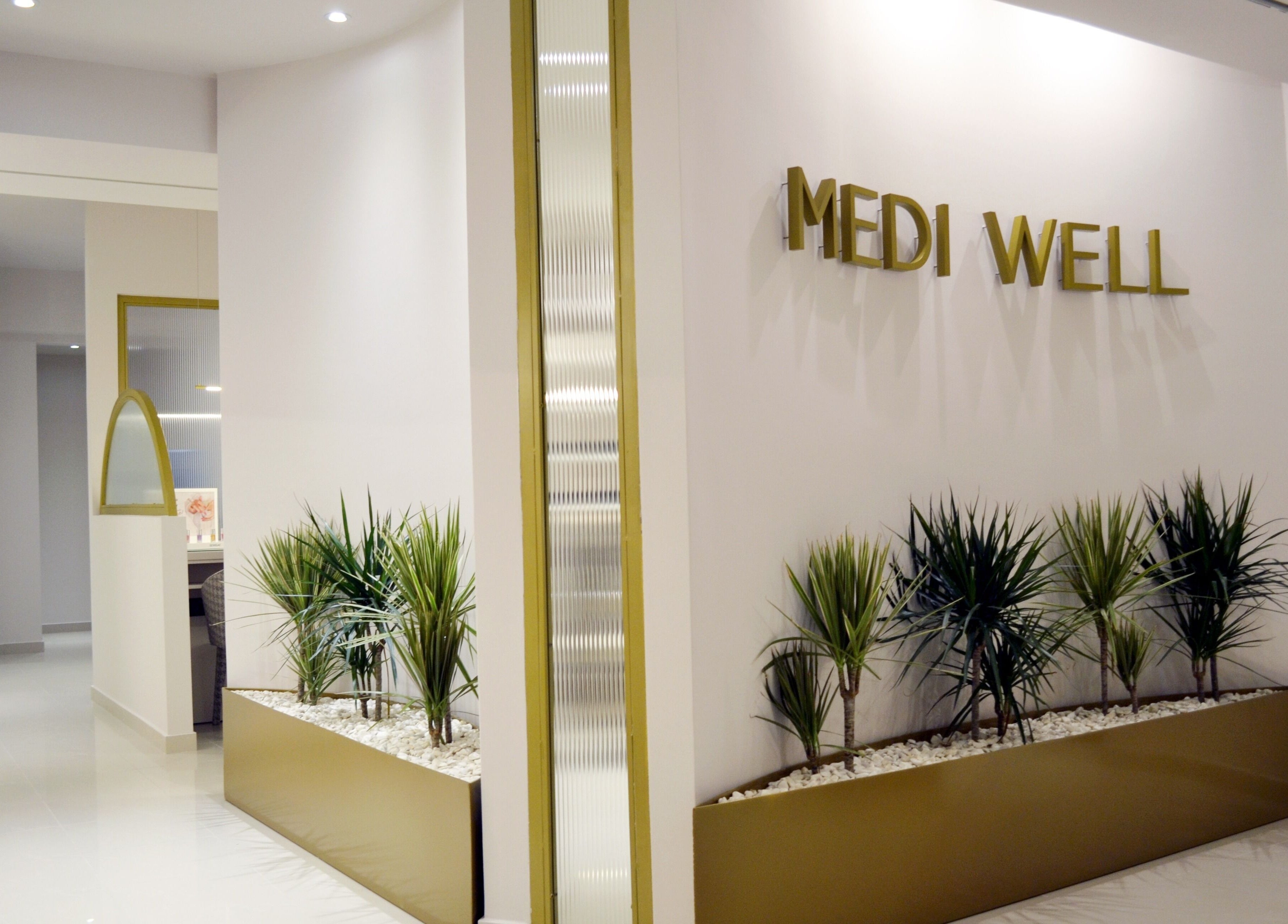 Ηρεμία στη Medi Well Kalamata, Καλαμάτα, GR. Χώρος υποδοχής με χρυσές λεπτομέρειες και διακοσμητικά φυτά.