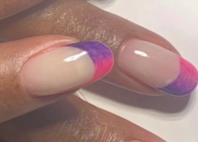 Vibrant pink and purple nail art design at Nspyre, Bridgetown, Christ Church, BB.