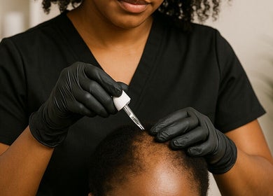 Professional scalp treatment at Nspyre Beauty, Bridgetown, Christ Church, BB, enhancing hair health.
