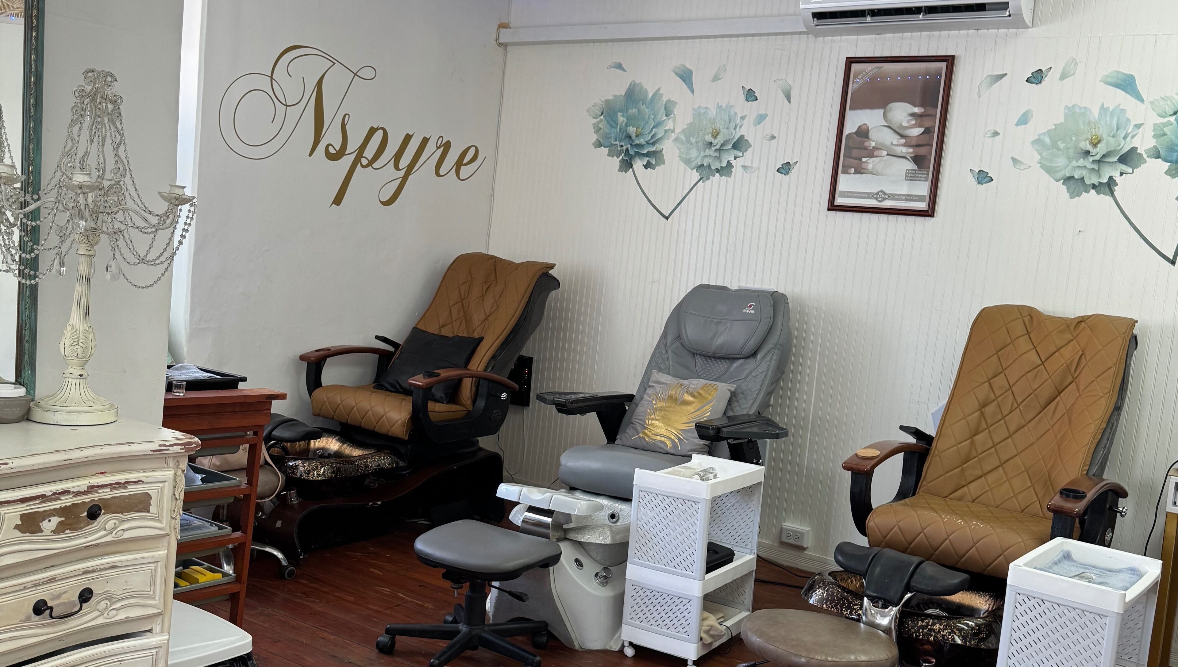 Relaxing pedicure chairs at Nspyre Beauty in Bridgetown, Christ Church, BB, offering a luxurious escape.