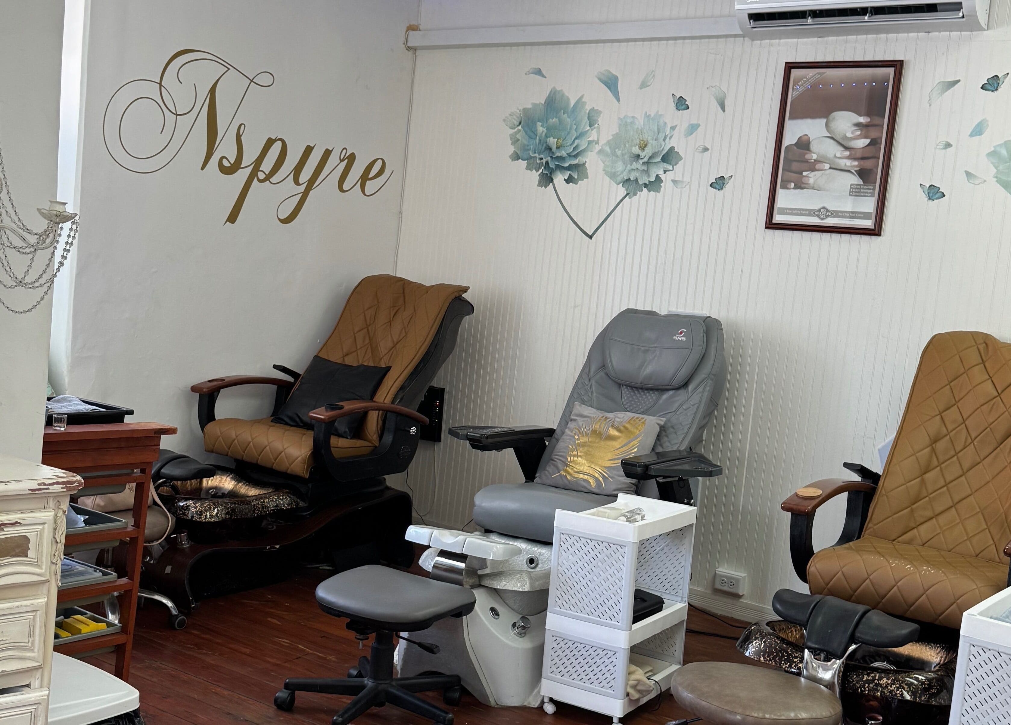 Relaxing pedicure chairs at Nspyre Beauty in Bridgetown, Christ Church, BB, offering a luxurious escape.